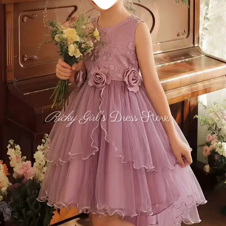 

Elegant Purple Formal Evening Dresses Flower Girl Dress 3d Flowers Tulle Prom Sleeveless Wedding Party Gowns Formal Reception