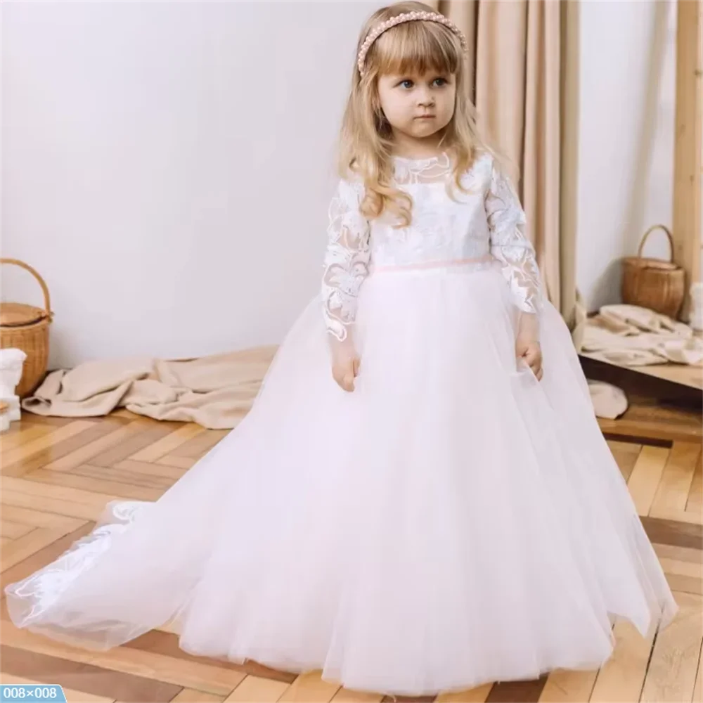 

Customized Ribbon Long Sleeve Cute Princess Children's Flower Girl Dresses for Wedding Party Birthday Communion