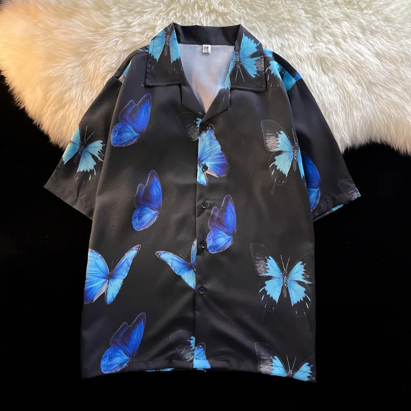 EBAIHUI Retro Floral Women Shirt Loose Hong Kong Style Couple Top Summer Lapel Beach Short Sleeved Ladies Blouse