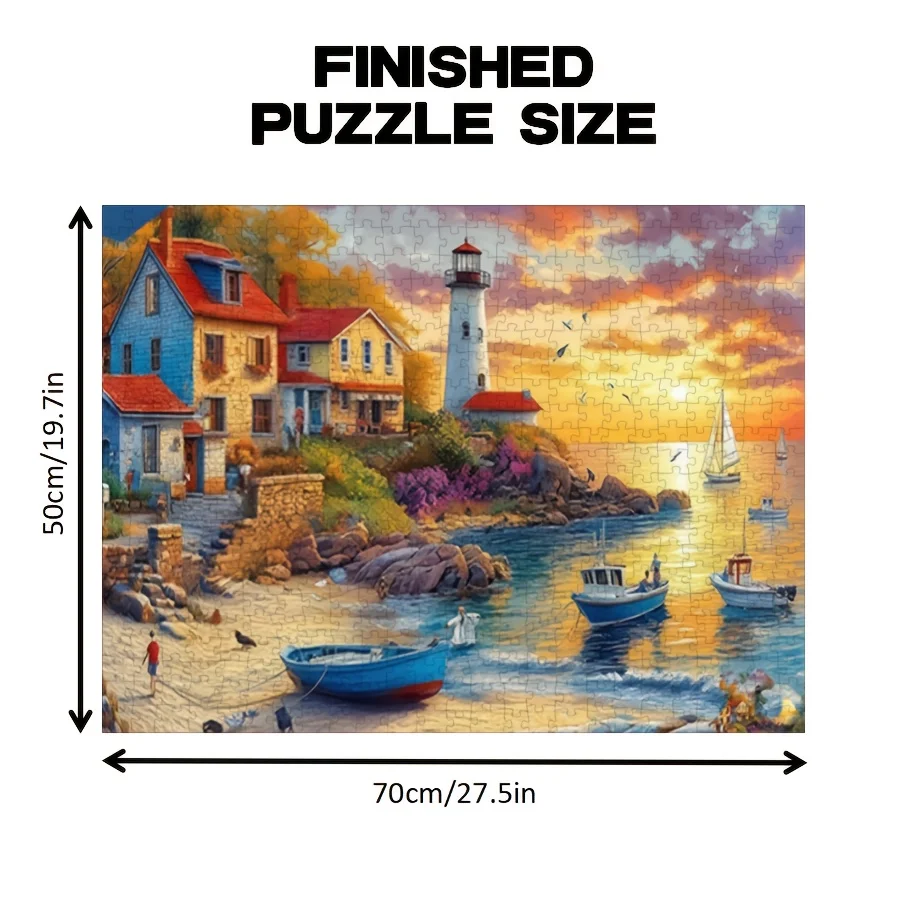 [ألوان زاهية، لغز الصور المقطوعة] لغز صور مقطوعة مثير للتحدي بألوان زاهية - لوحة شاطئية لبلدة ساحلية مع منارة وقارب