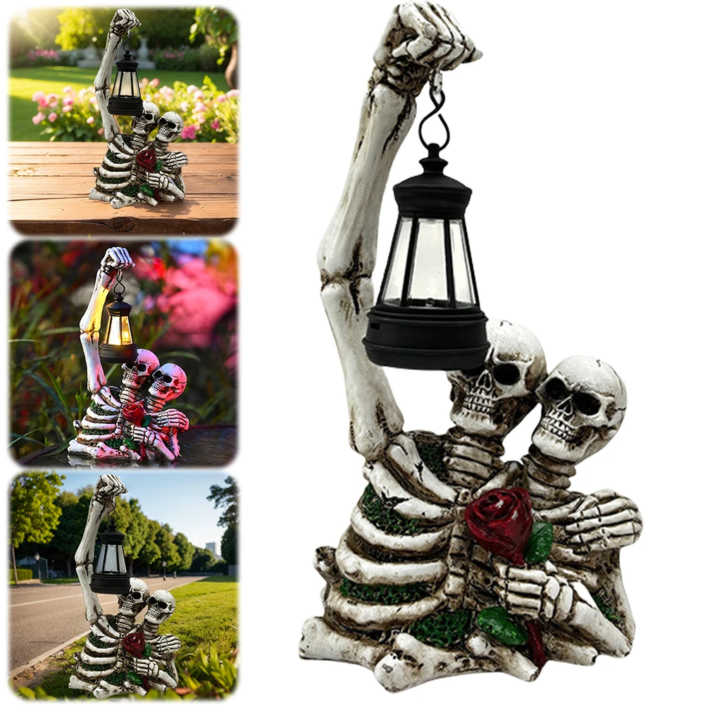 Estatua de calavera de terror Solar para Halloween con linterna, adorno de calavera aterrador, escultura de esqueleto rosa de encendido y apagado automático, decoración de Halloween