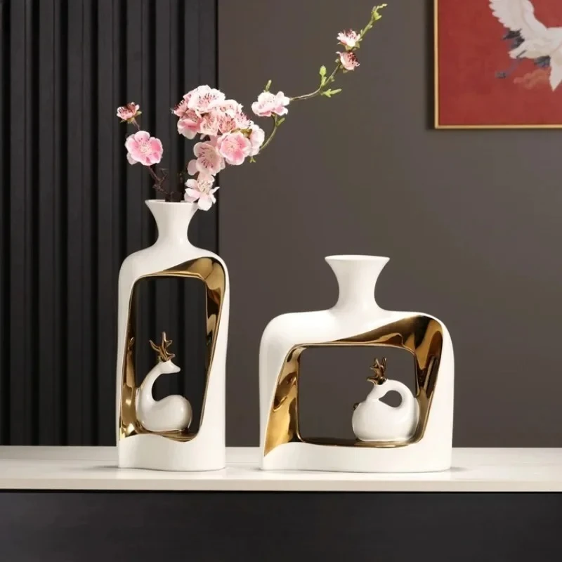 Creative Deer Ceramic Vase Dried Flower Vase Decorative Vases Artificial Flowers Table Ornaments Decoration Crafts Hydroponic Va