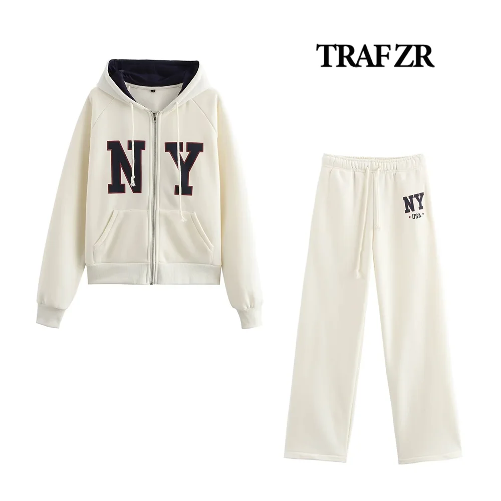 TRAF ZR Women Adjustable Drawstring Hood Text Print Fall Outfit Varsity New York Hoodie&Plush Trousers Aesthetic Baggy Pants Set