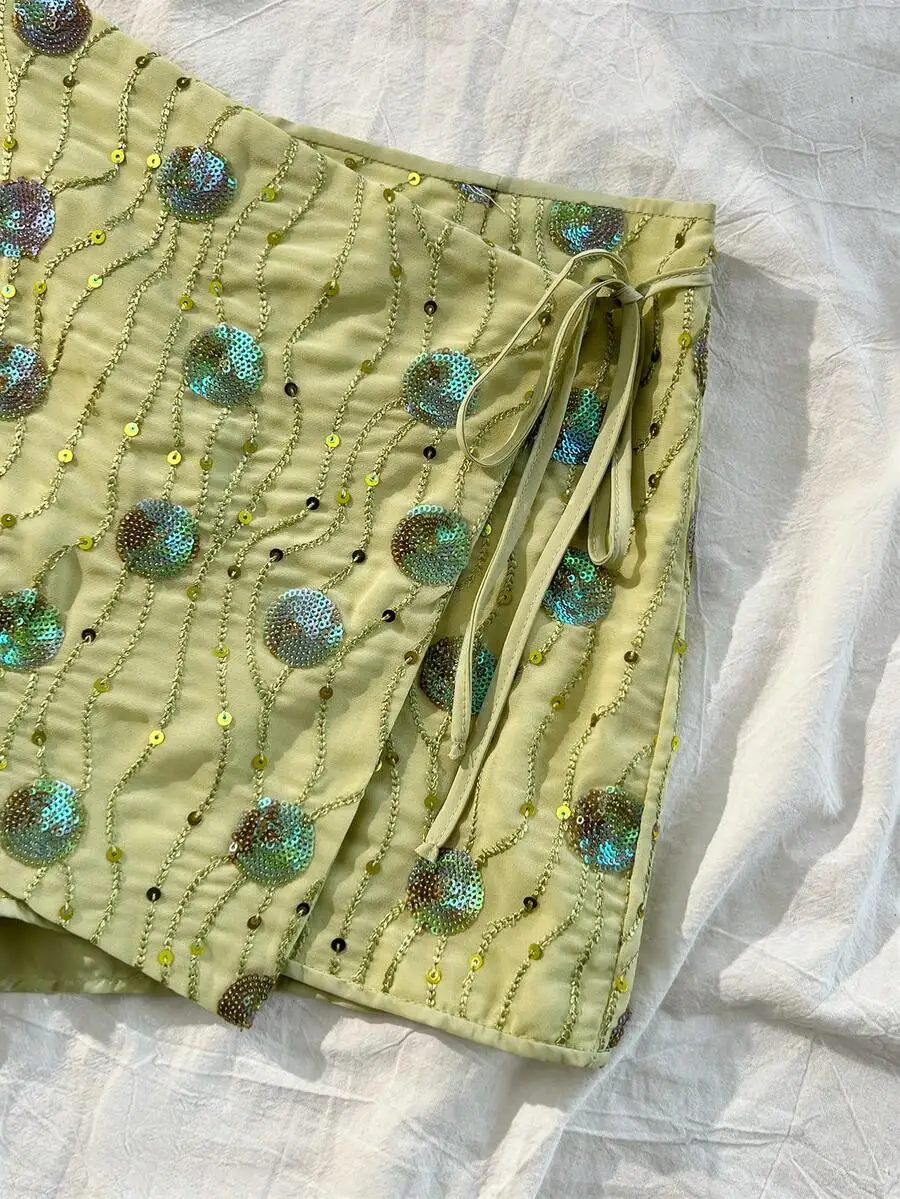 

Womens Casual Party Tie Wrap Shorts Skirt With Beaded Sequined Embroidery