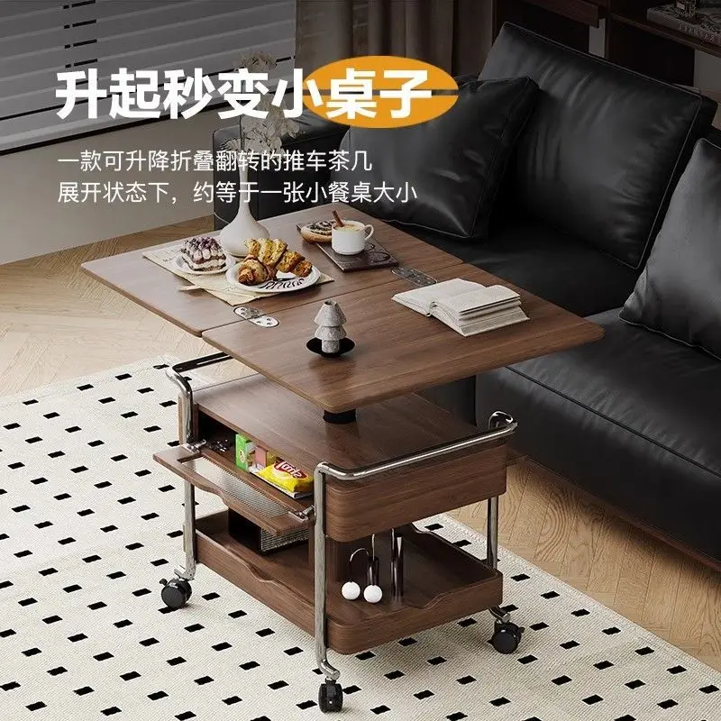 Wheeled living room coffee table, mobile sofa edge lift