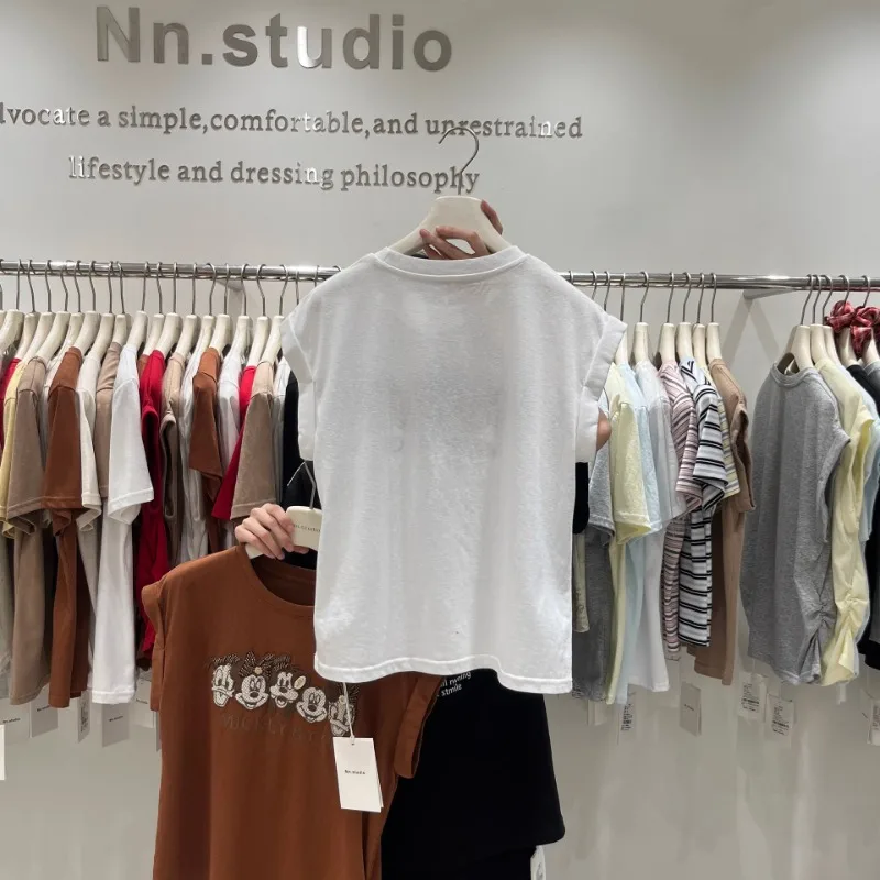 Cartoon Embroidered Flying Sleeves T-shirt Women's 2025 Summer New European Style T Shirts Heavy Industry Sleeveless Vest Top