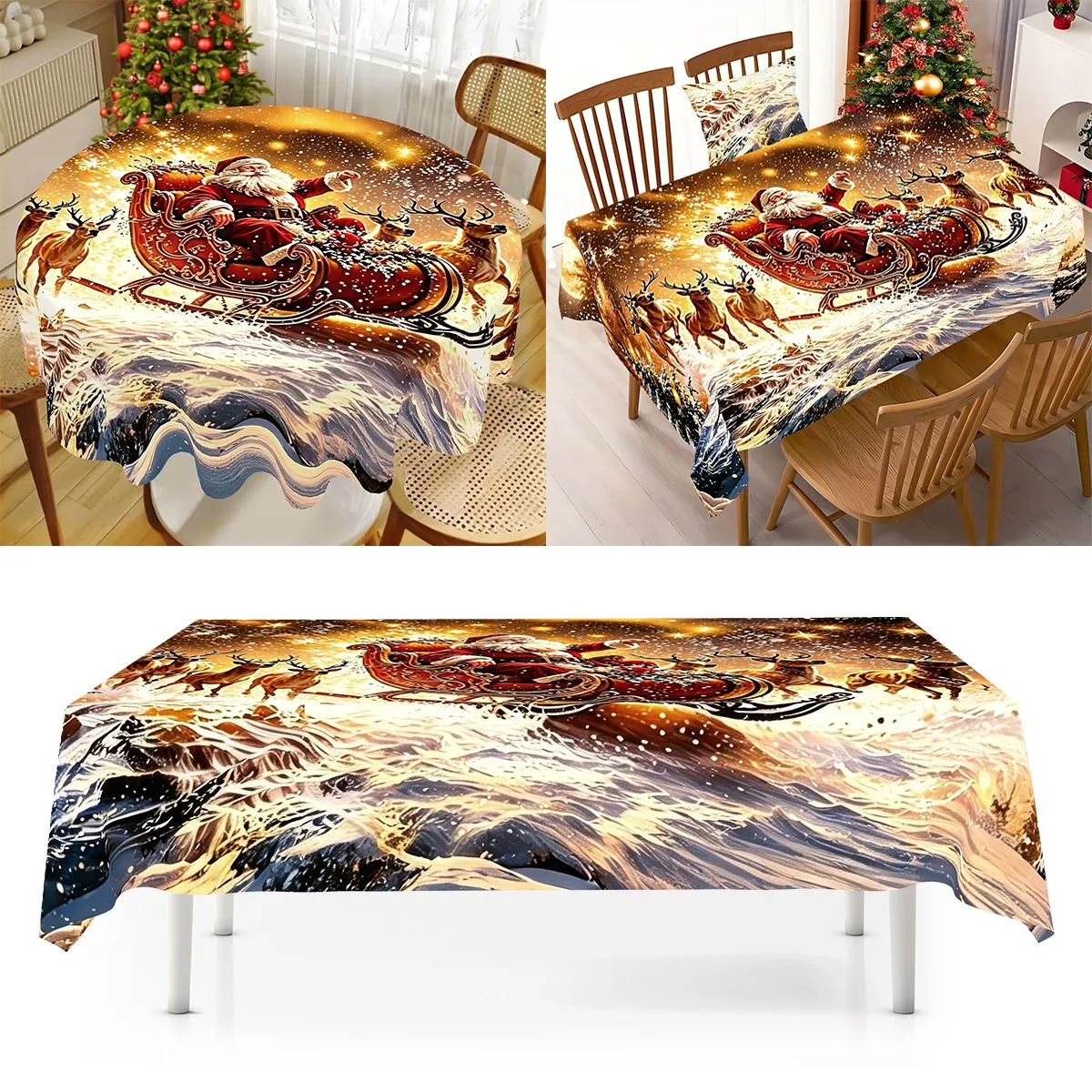 1pc Merry Christmas Table Cover Reindeer Santa Polyester Tablecloth Christmas Decor for Home 2026 Winter Holiday New Year Gifts