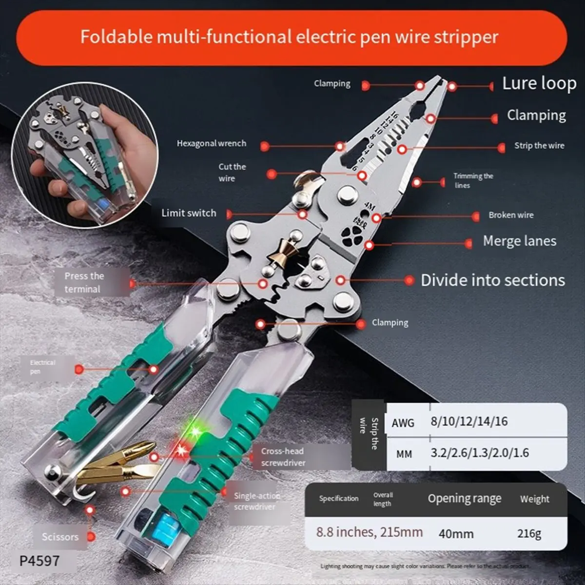 Folding Stylus Screwdriver Wire Stripper, Foldable Wire Stripper, Built-in Voltage Tester Screwdriver
