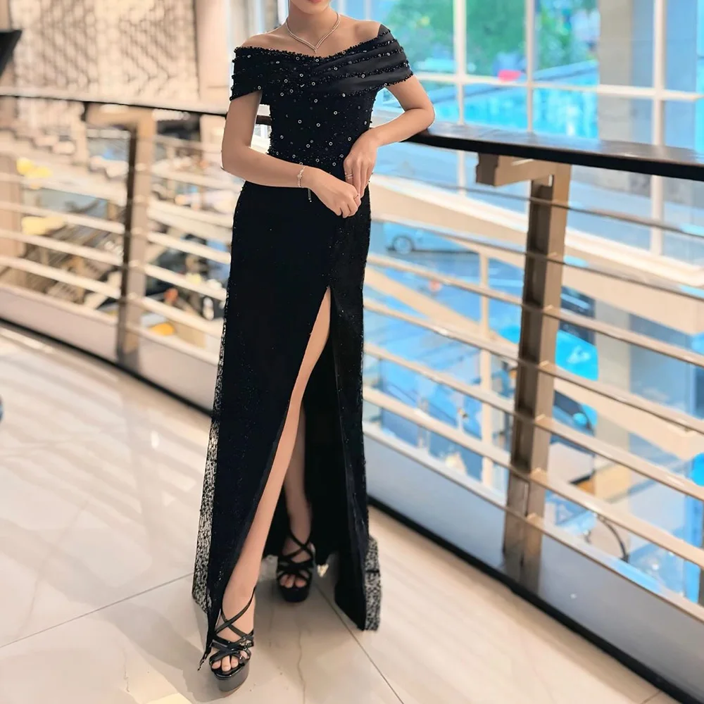 

Customized A-Line Prom Dresses Floor-Length Off The SHoulder Sleeveless Evening Gown Fashion Sequined Beading Party Gown