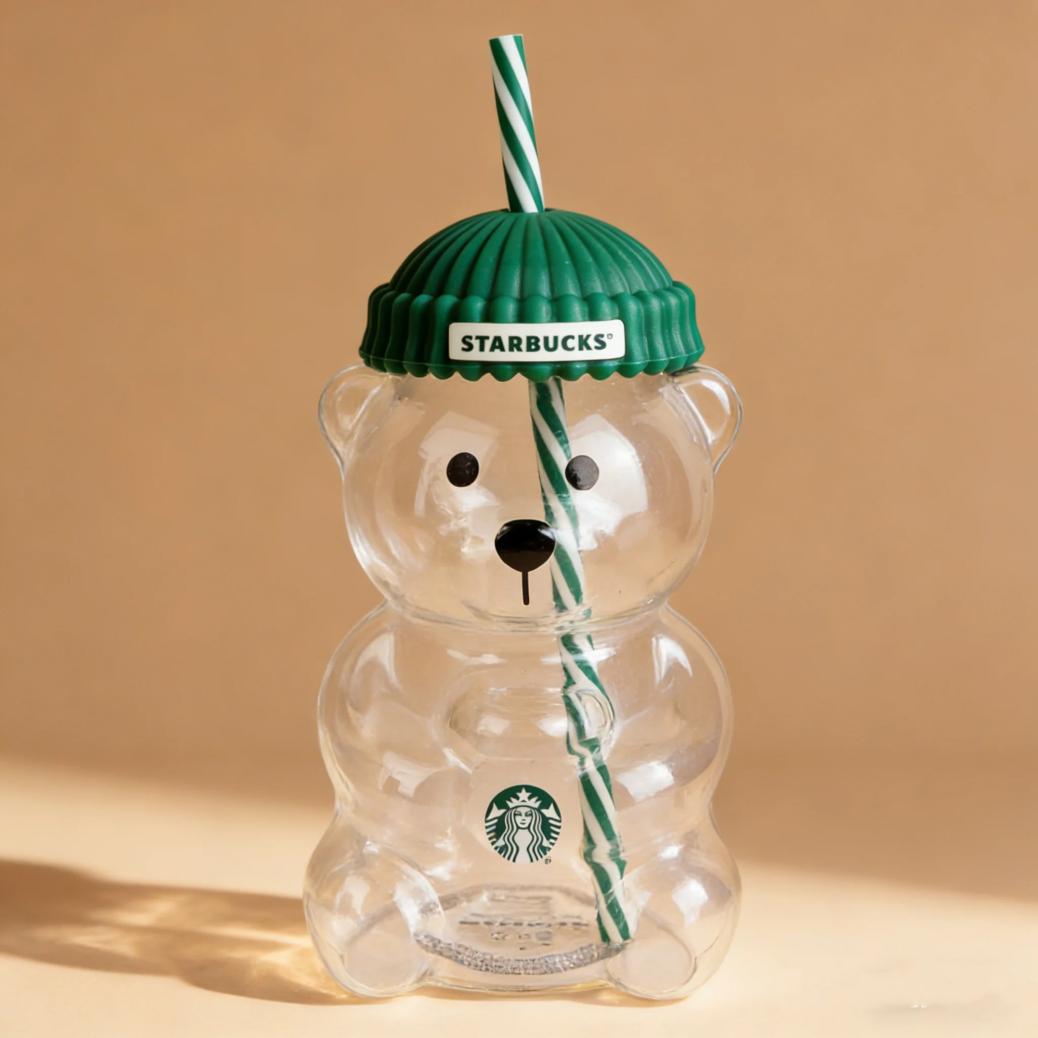 Starbucks Bearista Bear 591ml Glass Cup Green Hat Lid Straw Iced Coffee Home Gift