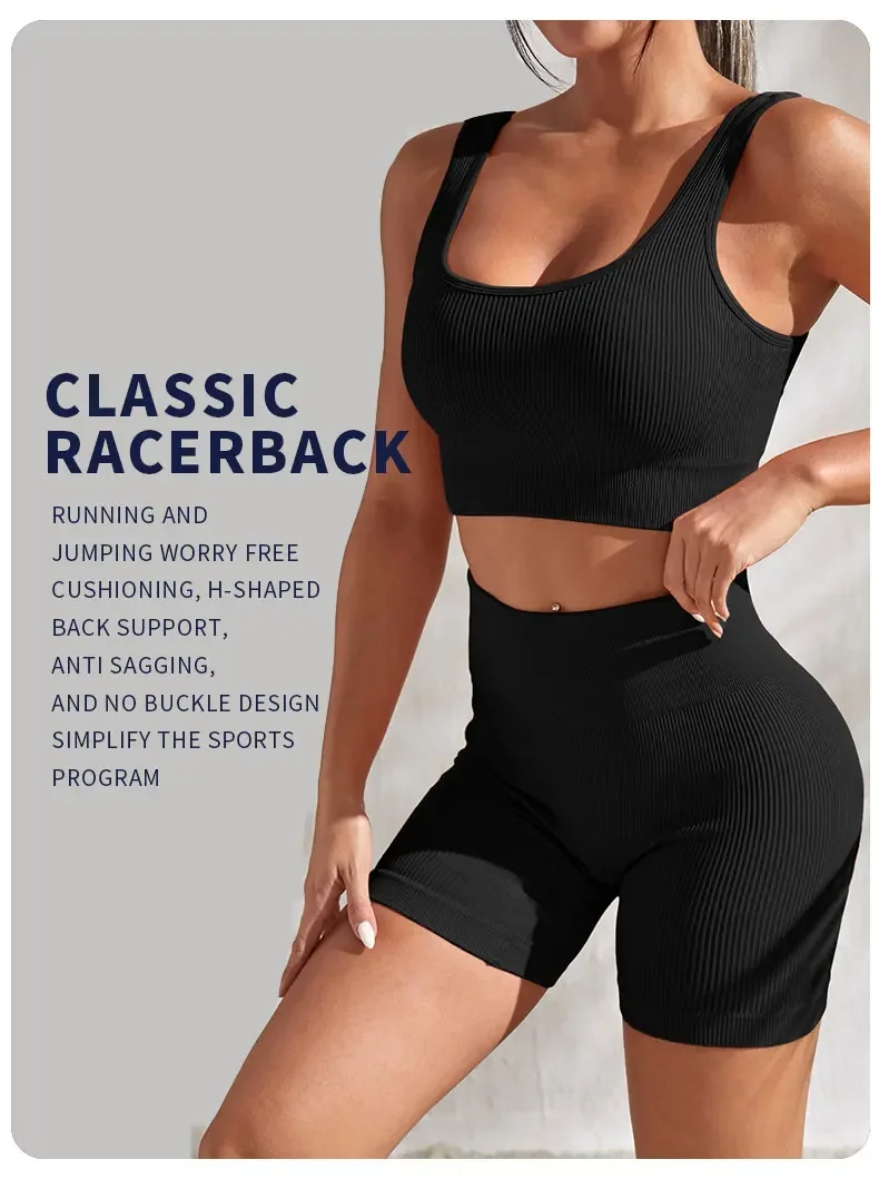 Nahtloses, geripptes Fitness-Set für Damen, einfarbig, gestrickt, 2-teiliges Workout-Outfit, bauchfreies Tanktop, Shorts mit hoher Taille, Yoga, Laufen – Detail 2
