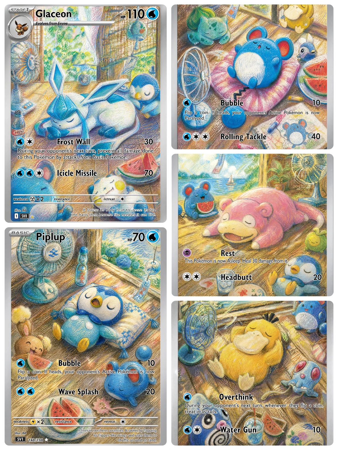 LB11 Summer Lazy PTCG 5Pcs Holo Cards, Slowpoke, Glaceon, Psyduck, Marill, Piplup Full Art Fan Art Collectible Trading Cards