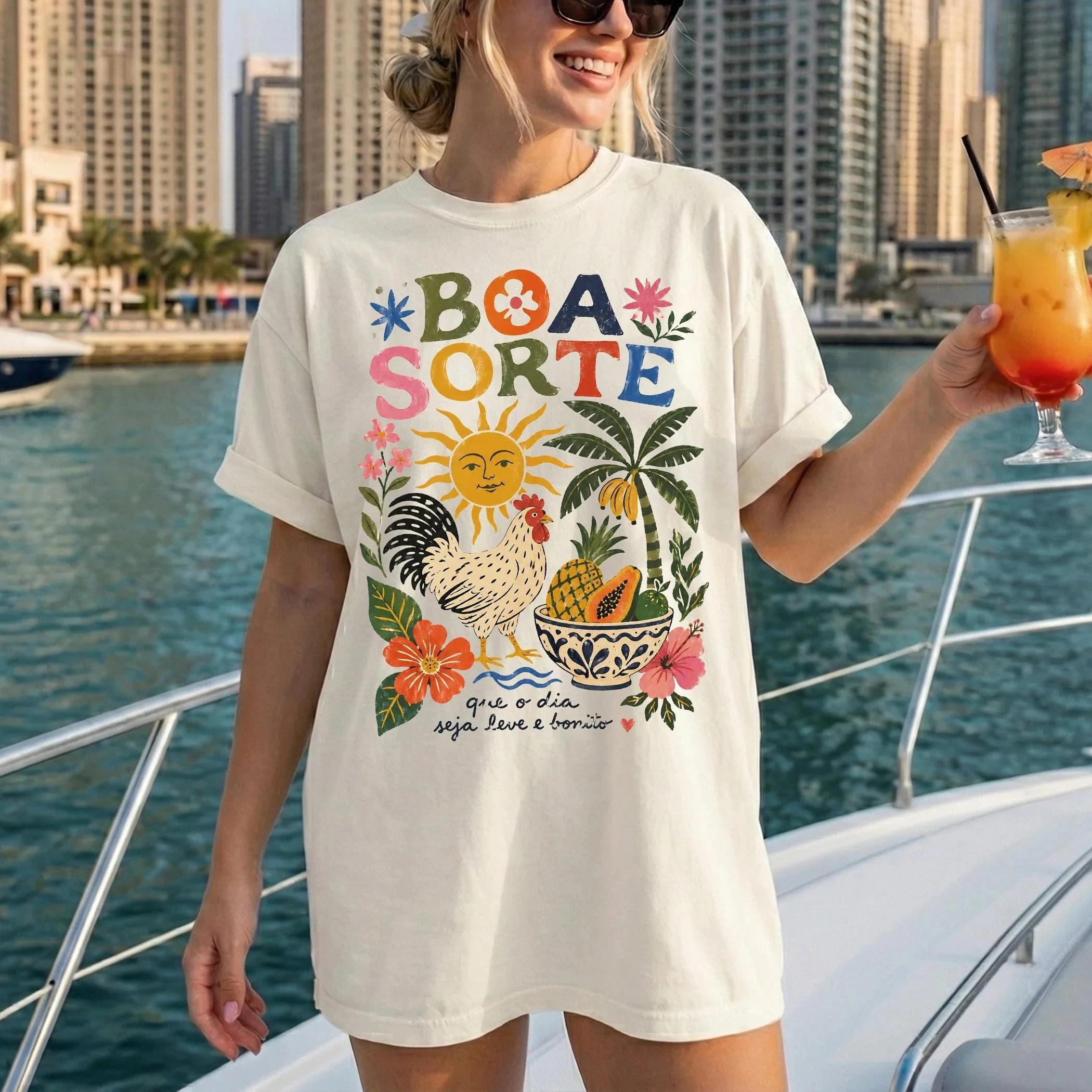 2026 New Boa Sorte T-shirt Brazilian Rio De Janeiro Portuguese Good Luck Tropical Folk Art Boho Sun Rooster Tee for Men Women