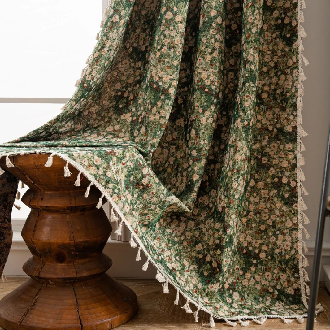 

French Retro Style Curtain for Bedroom and Living Room Thickened Finished Semi Blackout Green Monet Oil Painting Window Curtain