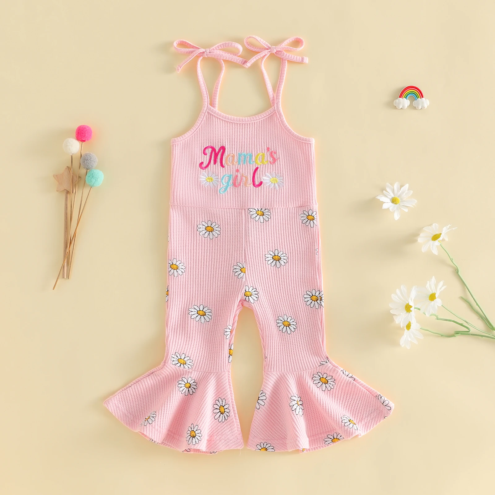 

Комбинезон для маленьких девочек, комбинезон-клеш с вышивкой букв и принтом ромашек, без рукавов, с завязками на плечах