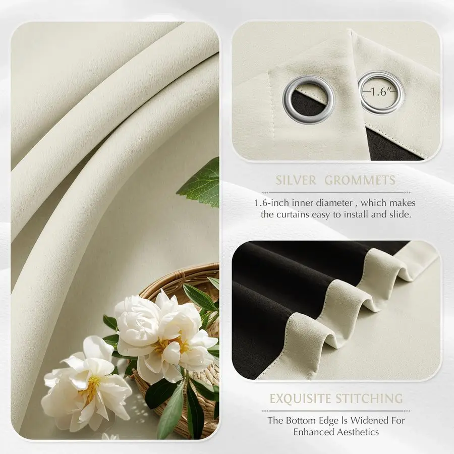 Cortinas Blackout 100% Creme, 84 Polegadas de Comprimento, 2 Painéis para Quarto e Sala de Estar, Isolamento Térmico e Acústico