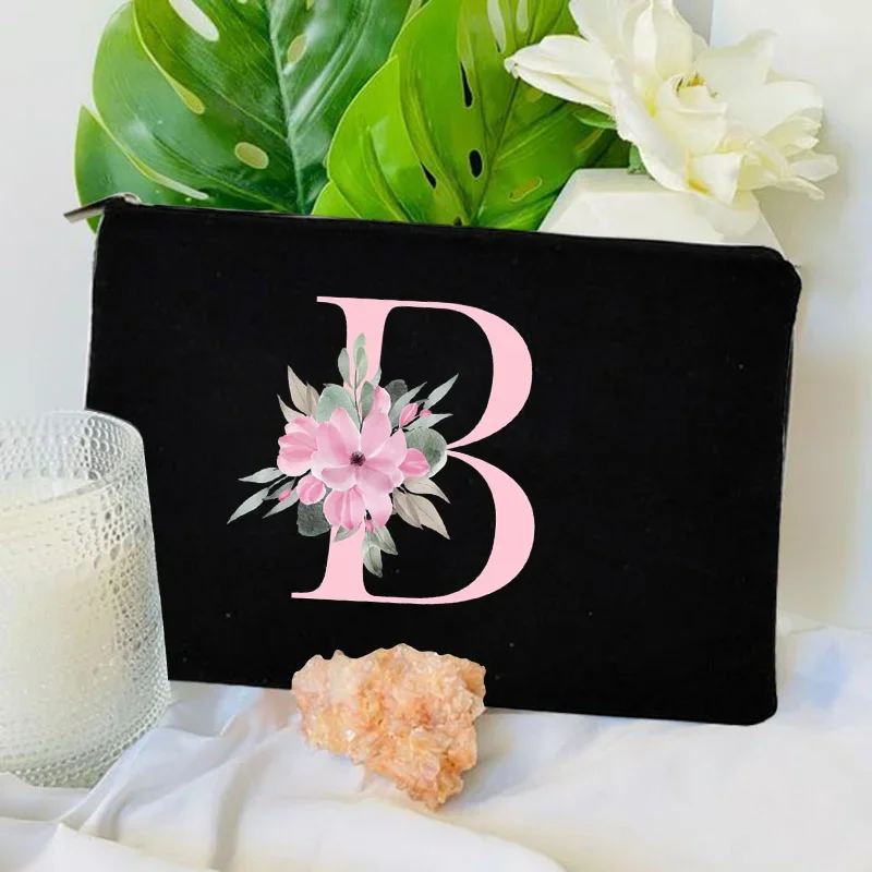 1 Pc Alphabet Floral Letters Print Zipper Cosmetic Pouch Travel Bag Women Portable Makeup Storage Organizer Bride Classmate Gift