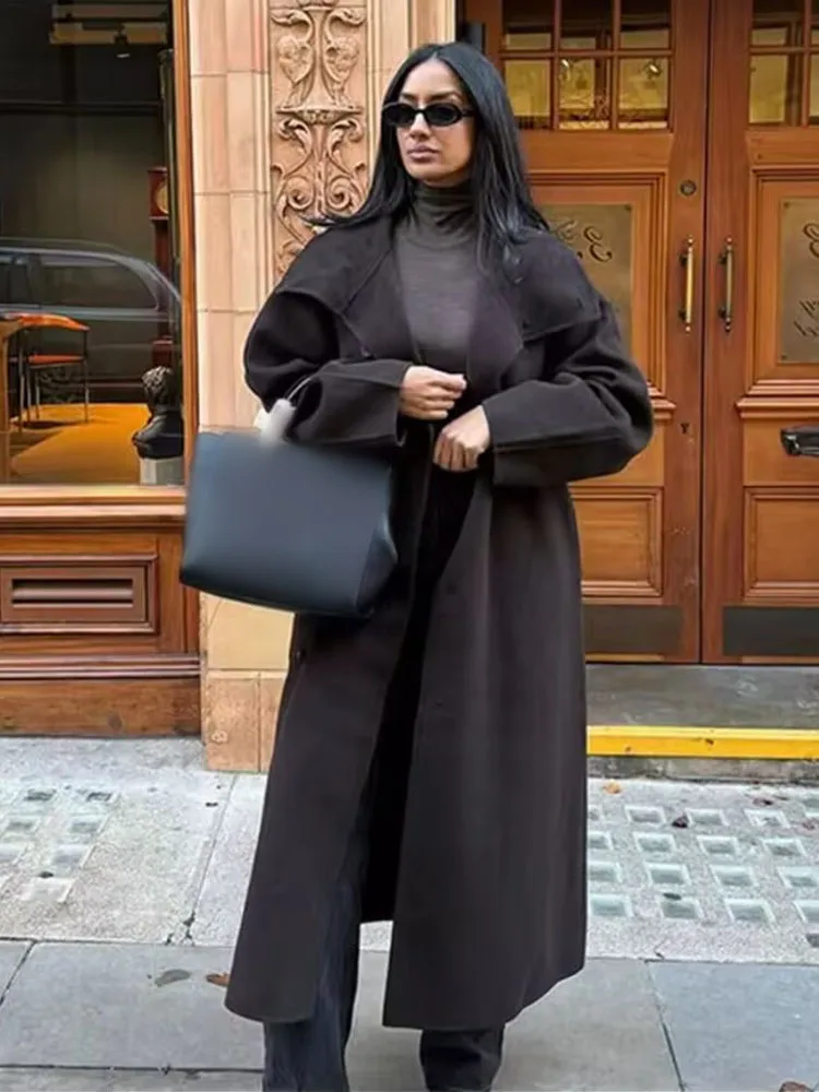 

HH Female High Street Casual Single Breasted Pocket Long Coat Women Winter Fashion Vintage Lapel Long Sleeve Belt Jacket Mujer