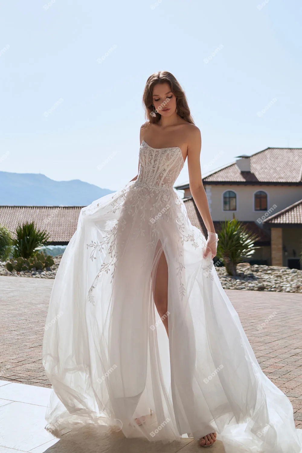 Booma-Robes de soirée de mariage en tulle ligne A, sans bretelles, corset désossant, appliques de mariée, quelle que soit la longueur au sol, robes de mariée fendues sur les jambes