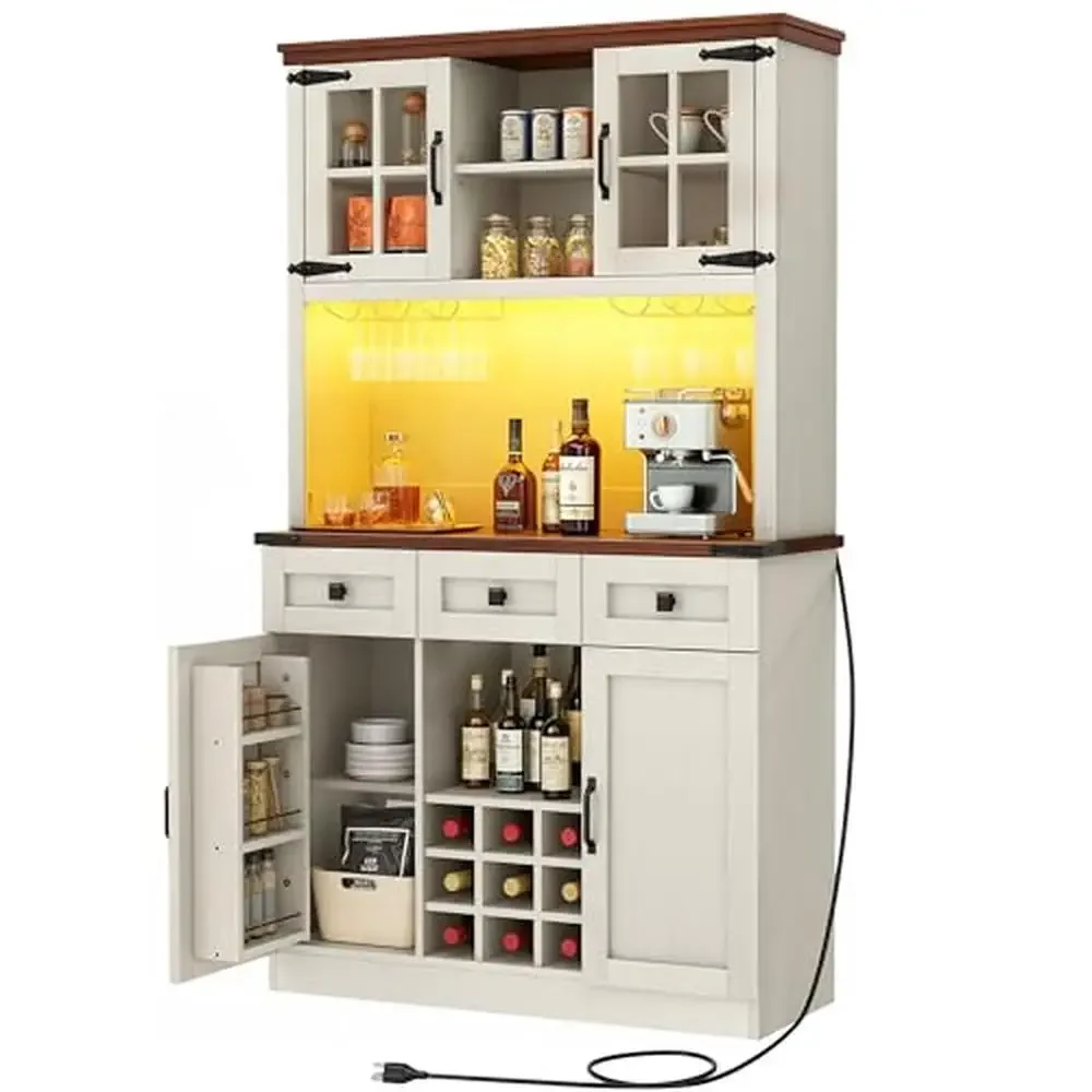 

Farmhouse Pantry Cabinet with Wine Storage LED Lights Power Outlet and Drawers