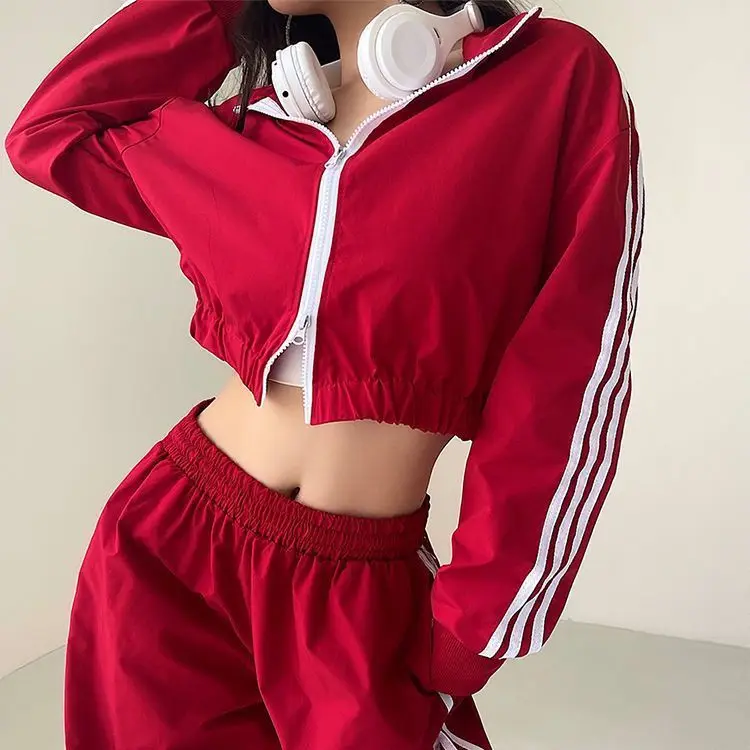 Hot girl American street ultra short jacket for women 2024 spring/autumn high waisted loose zipper three bar sports and leisure