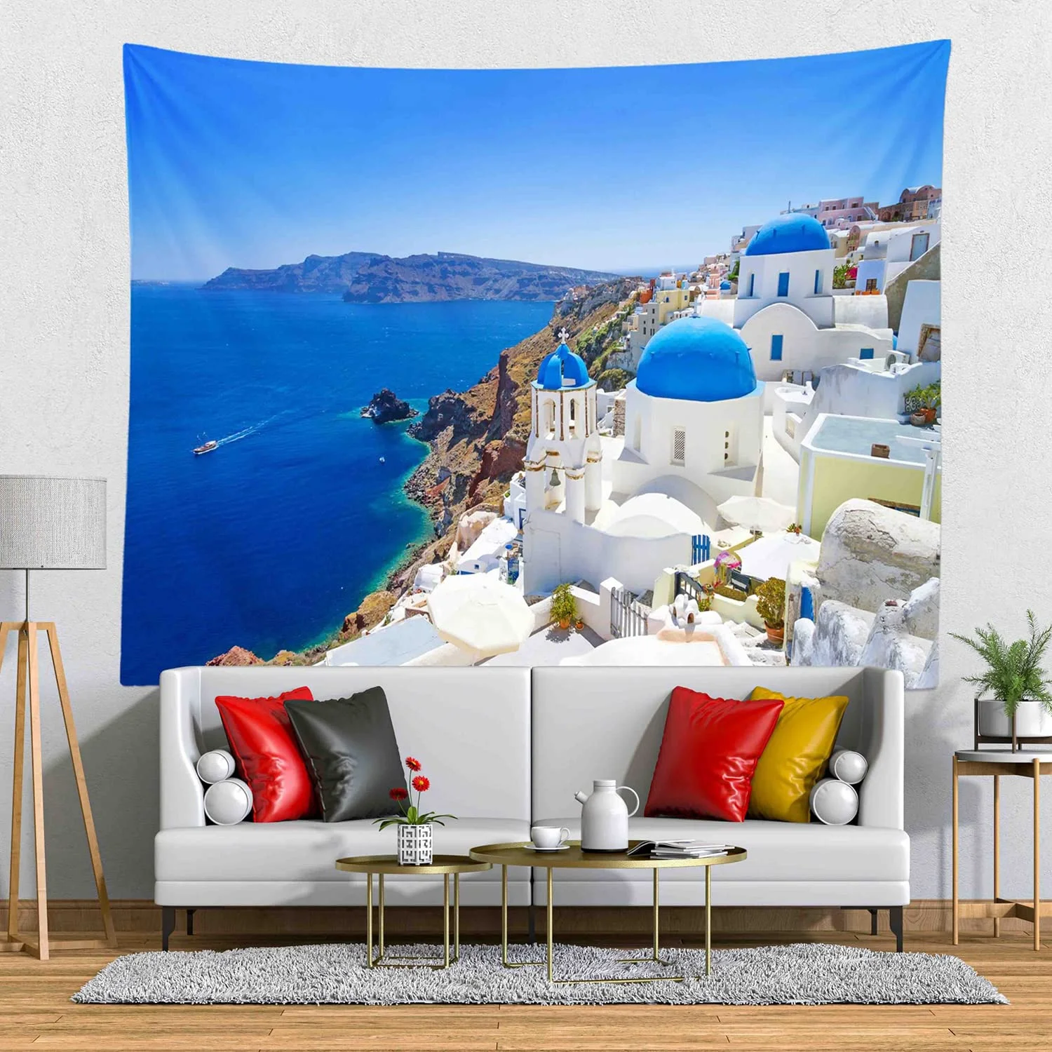VIKAMA Santorini Blue & White Town Tapestry Greek Aegean Sea Landscape Wall Hanging for Living Room, Bedroom & Homestay Decor