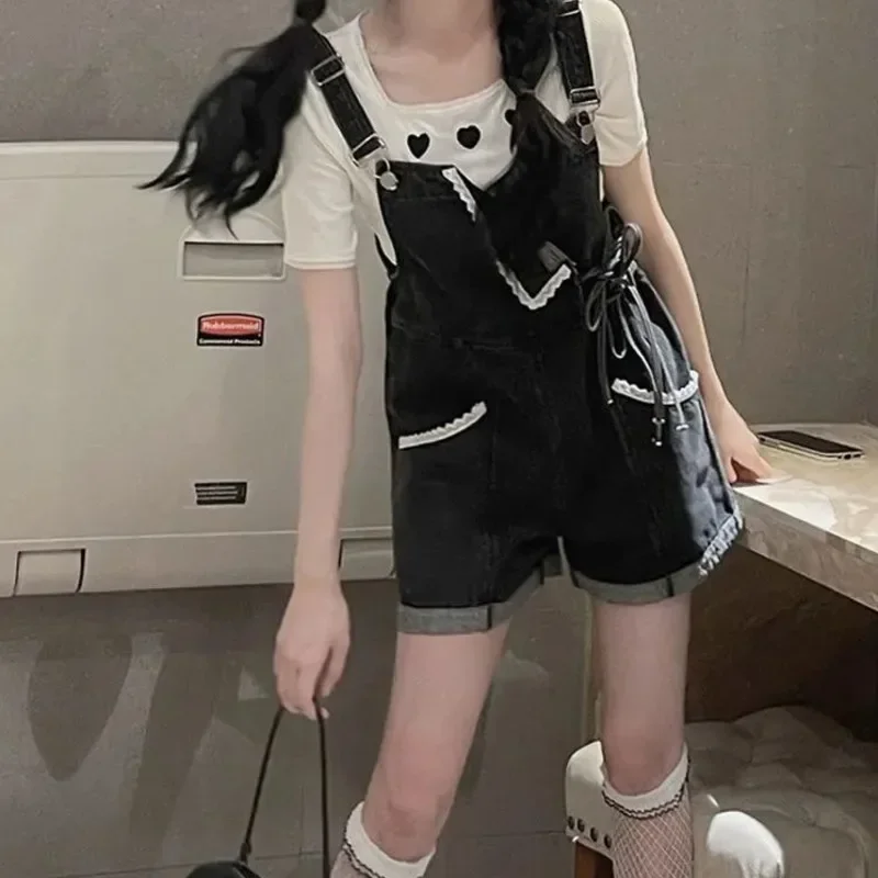 

Lace Edge Denim Strap Shorts Womens 2025 Summer New Loose Straight Barrel High Waisted Wide Leg Pants Jeans for Teenage Girls