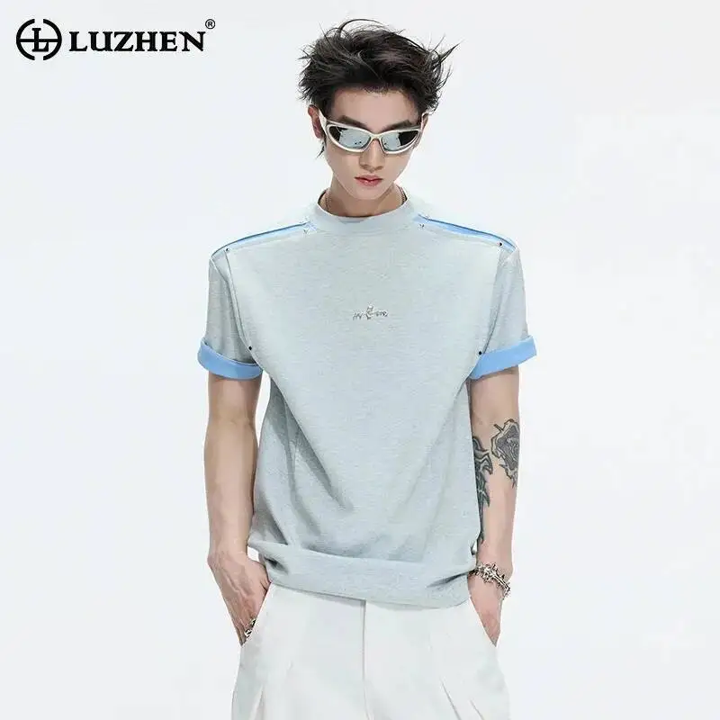 

LUZHEN 2026 Summer Color Contrast Hollow Patchwork Shoulder Design Short Sleeve T-shirts Men Fashion Handsome Casual Tops JY6902