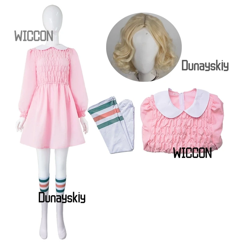 New TV Movie El Women Girls Cosplay Costumes Wig Eleven Pink Dress Skirt Socks Golden Short Curly Hair Party Daily Carnival - view 2