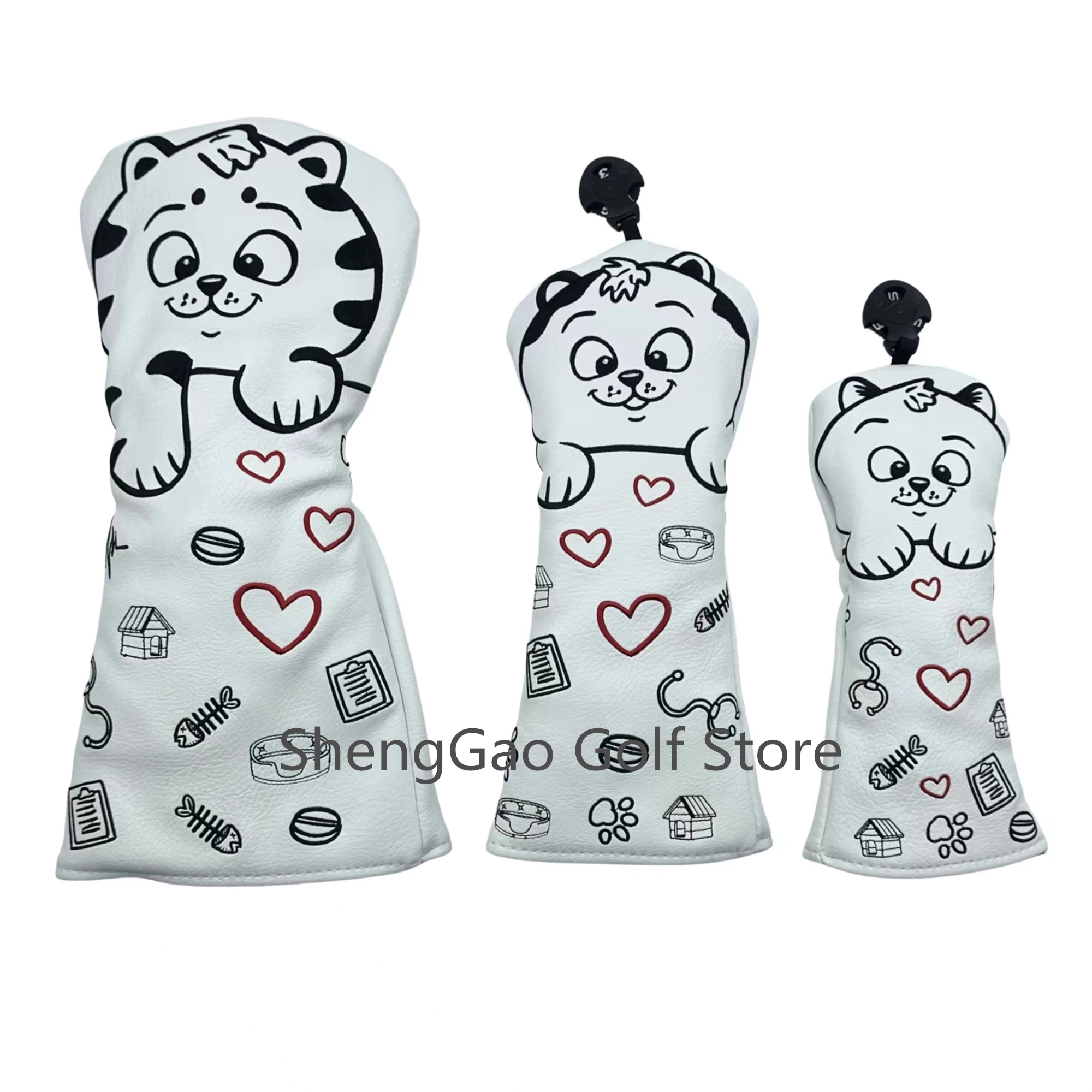 Golf Heart shaped kitten pattern Head cover Driver Head Covers Fairway Wood Head Covers Hybrid Head Covers Push rod head cover