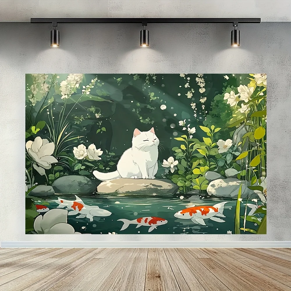 

Настенный гобелен Serene Courtyard Cat & Koi Fish — яркая сцена природы с пышной зеленью и искусством белого кота, прочная ткань