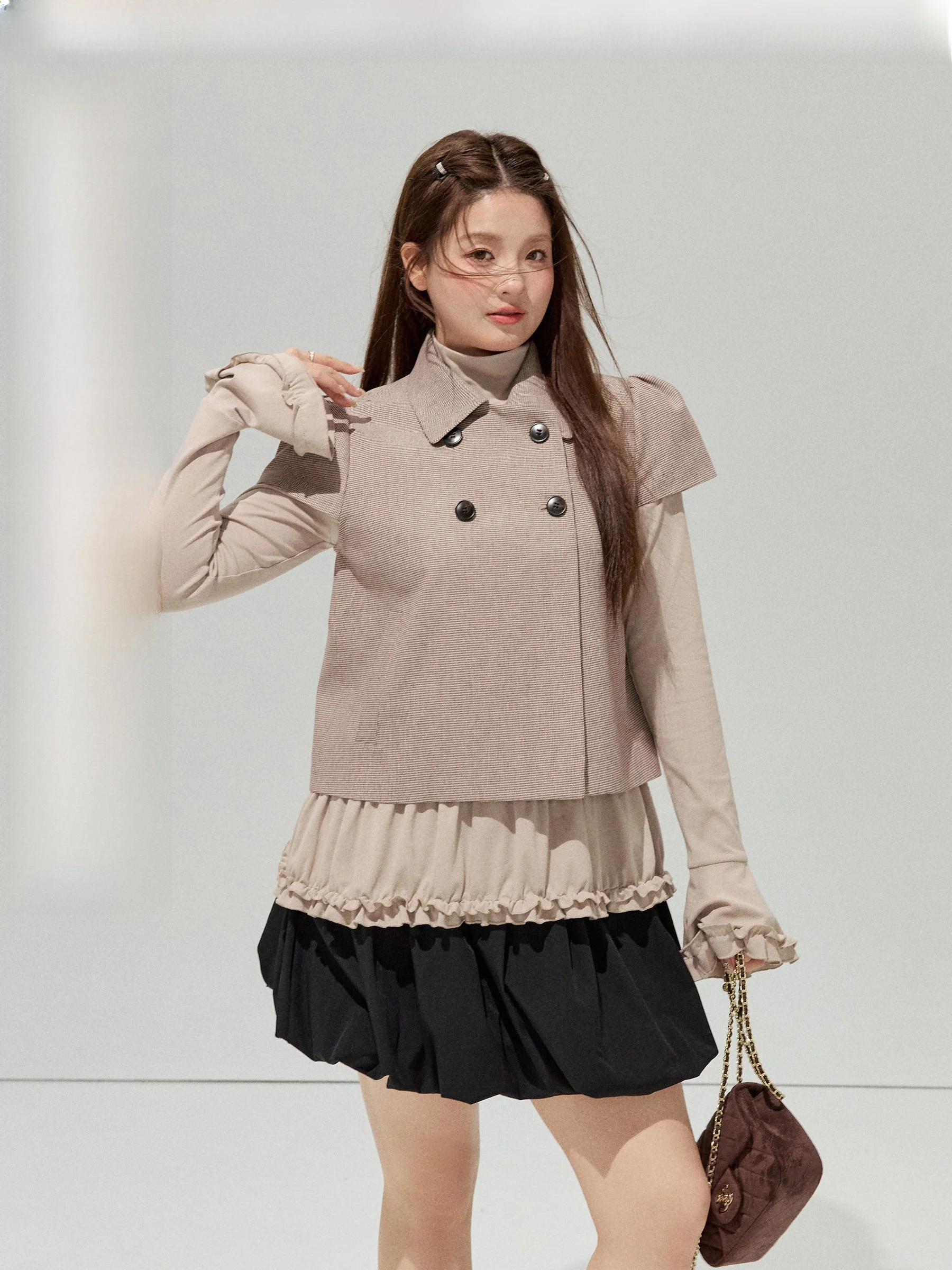 

Комплект Sweet Heart Miss: куртка с маленьким отложным воротником и короткая юбка с полувысоким воротником, большие размеры, повседневный стиль, модный.