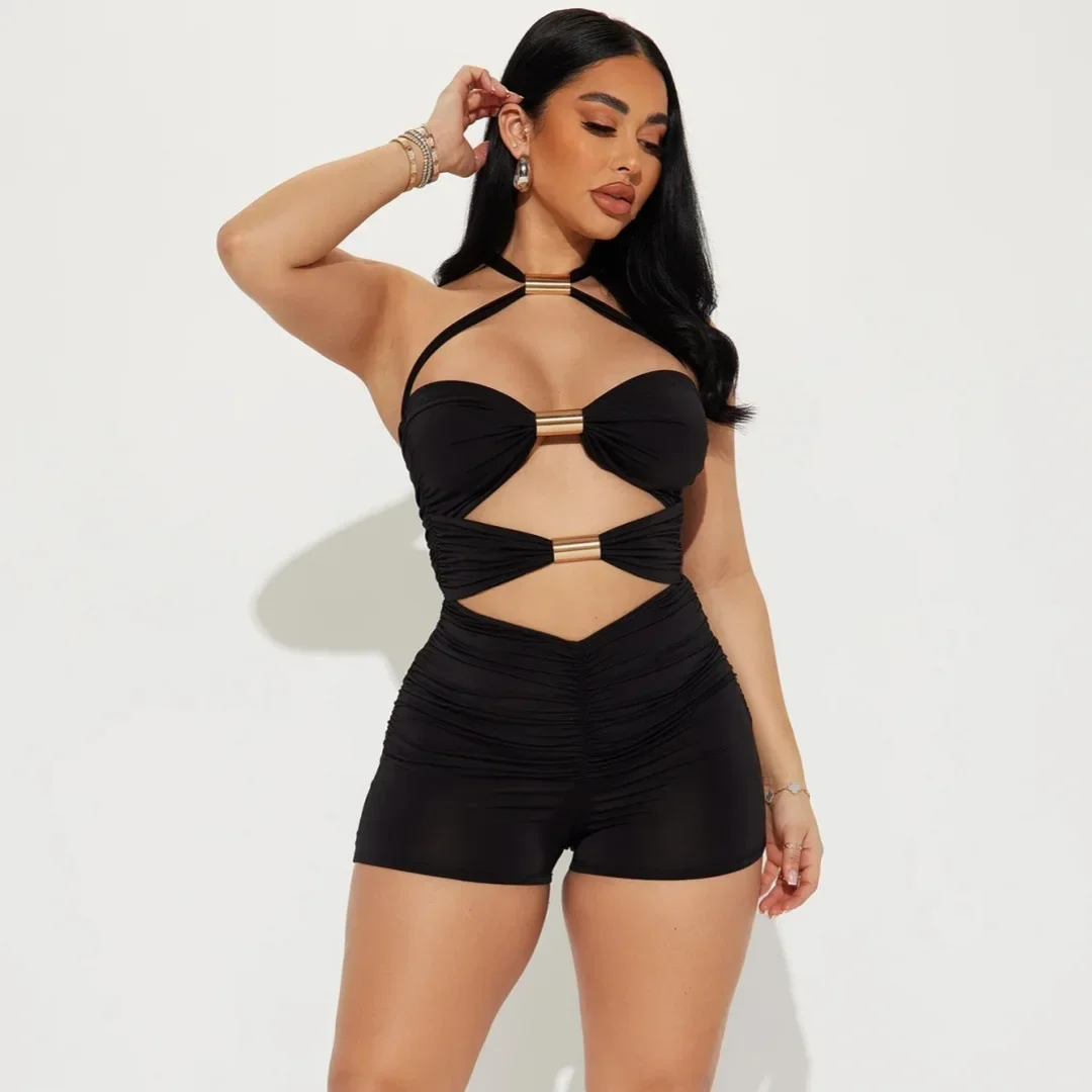 Jumpsuit Women's New Personalized Hollowed Out Metal Pipe Splicing With Contrasting Bow Tie Hanging Neck Jumpsuit Shorts