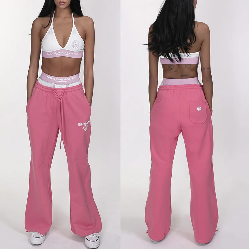 Korean Badblood Embroidered Pants Candy Color Loose Sports Micro Pull Pants Drawstring Wide Leg Casual Pants for Women