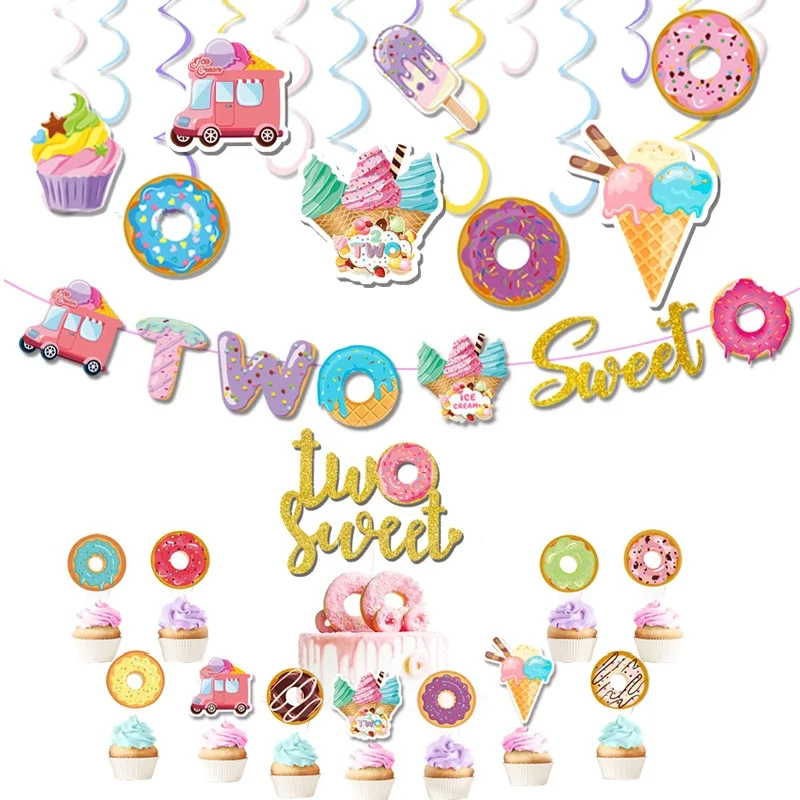 

Candy Donut Cartoon Birthday Party Ice Cream Banner Garland Cake Topper Two Sweet Girl 1st Birthday Summer Party Baby Shower