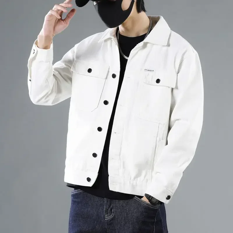 Denim Jackets Man White Cargo Jeans Coat for Men Button Casual Slim Short Trendy Low Price Cost Korean Popular Clothes Y2k G