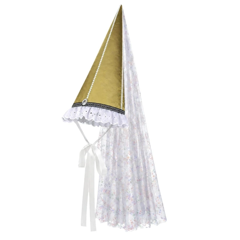 2025 New Medieval Costume Hat with White Patterned Draping Fabric, Faux-Bead Accents, and Lace Edging for Masquerades,