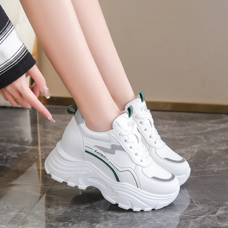 HKDQ Women's Platform Sneakers Round Toe Wedge Heel Lace-Up Leather-Look Chunky Sole Colorblock Casual Walking Shoes
