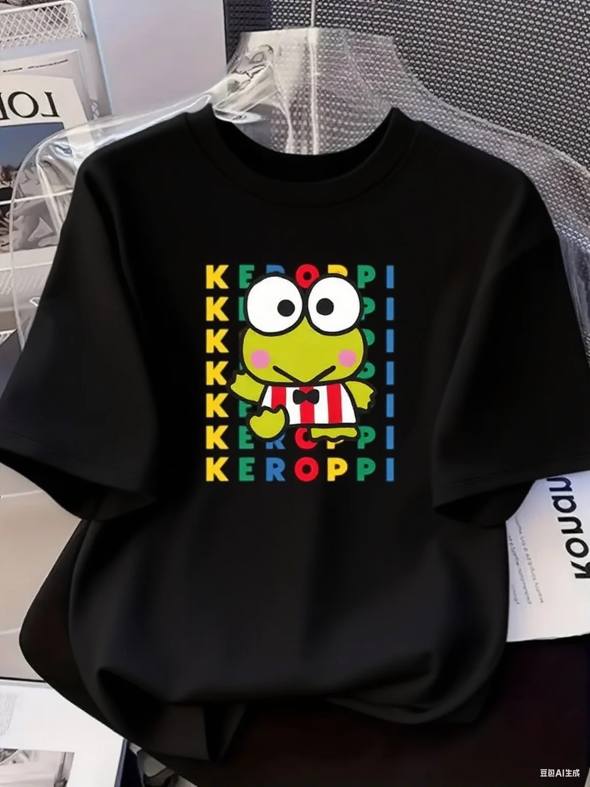 

Colorful Kerokerokeroppi Alphabet Print Pure Cotton T - Shirt Cute Sanrio Character with Rainbow Letters Fun Graphic Tee S-4XL