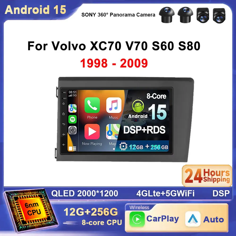 Para Volvo S60 2000-2004 Android 15 Radio de coche navegación reproductor de vídeo Multimedia navegación estéreo GPS inalámbrico Carplay WIFI 4G