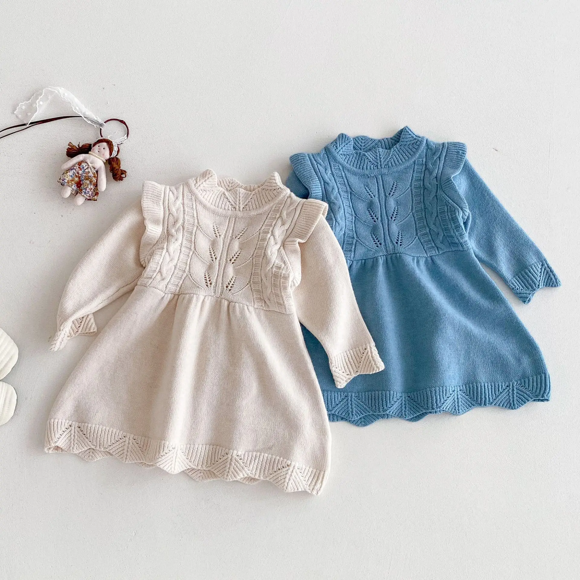 Toddler Girl 0-3Y Baby Girl Clothes Cotton Knit Dress Ruffle Trim Cable Knit Pattern Soft Breathable High Neck Princess Outfit