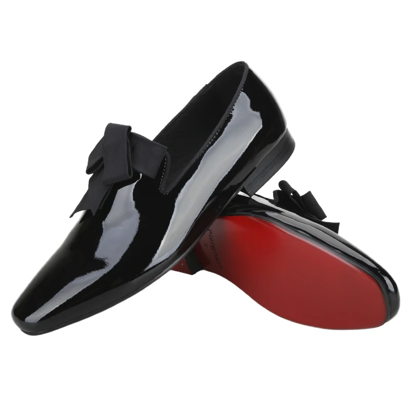 Piergitar New Black Patent Leather Slip-On Loafers With Handmade Bow Tie Design For Fashion Party And Banquet Men‘s Dress Shoes