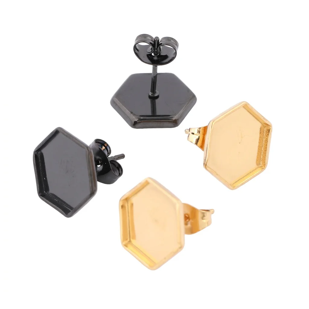 10 Stück Edelstahl-Ohrringbasis für 10mm Sechskant-Cabochons, vergoldet, schwarz, DIY-Ohrstecker, Fassungen