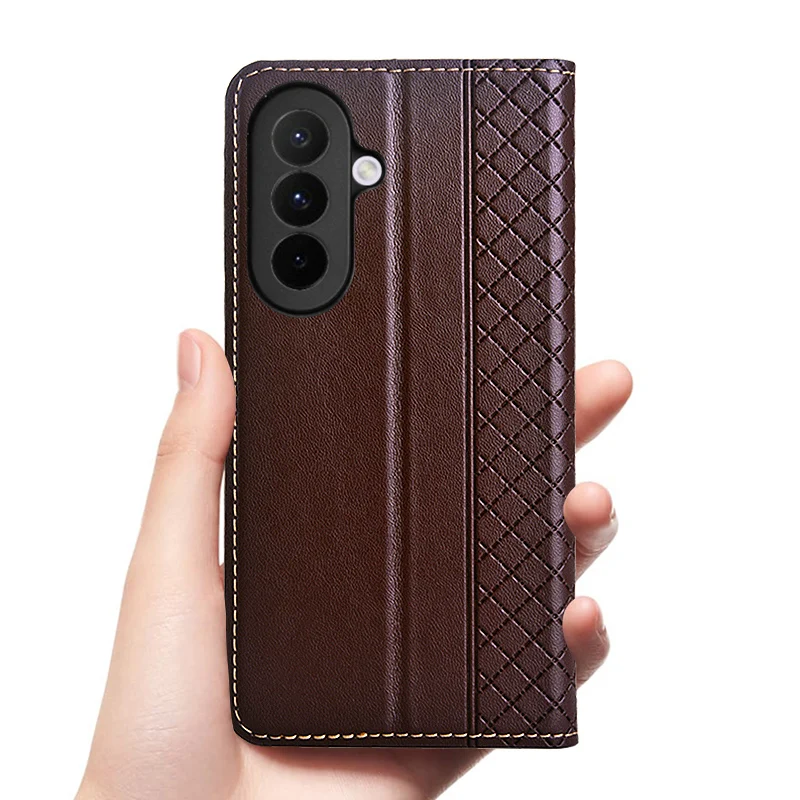 Etui z klapką do SAMSUNG Galaxy S26 S25 S24 S23 Ultra Plus FE 5G, prawdziwa skóra, magnetyczne zamykanie, wzór kratka, portfel z bydlęcej skóry. — zdjęcie produktu 6
