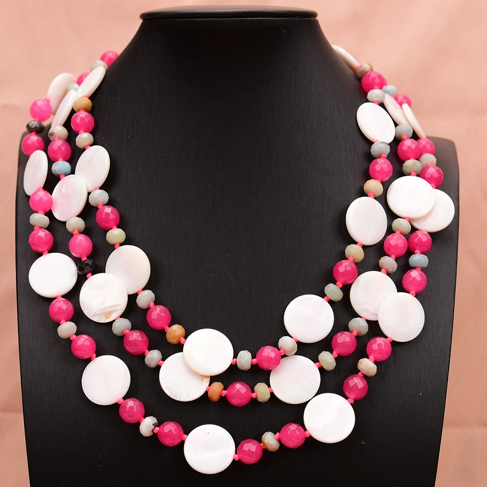 APDGG A71 Handmade 3 Rows Natural Mix Stone Jade Amazonite Shell Multi Strands Necklace