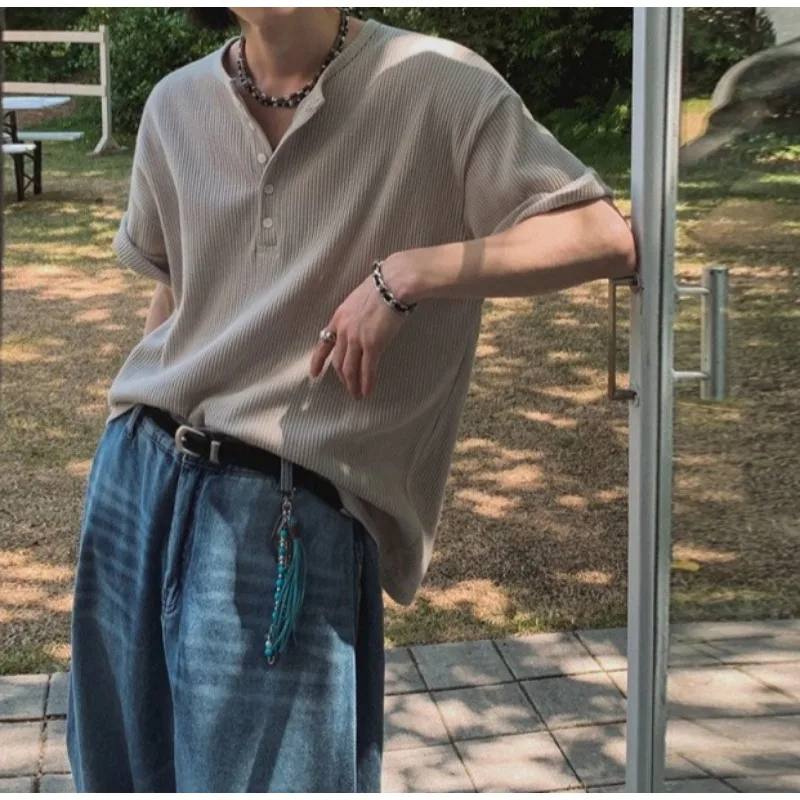 

2026 Henry Collar Short-sleeved T-shirt Men's Summer Loose Casual Half-sleeved T-shirt Korean Commuter Old Money Style Wear