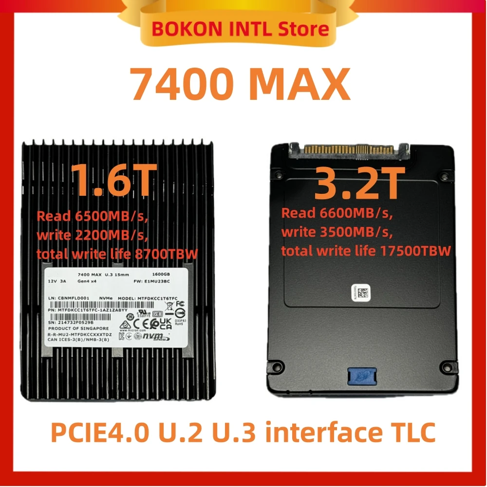 Micron 7400max 1600G 3200G ssd용 새 7400 MAX 3.2T 1.6T NVMe Gen4.0X4 U.3 15mm 엔터프라이즈 서버 PCIE U.2 솔리드 스테이트 드라이브