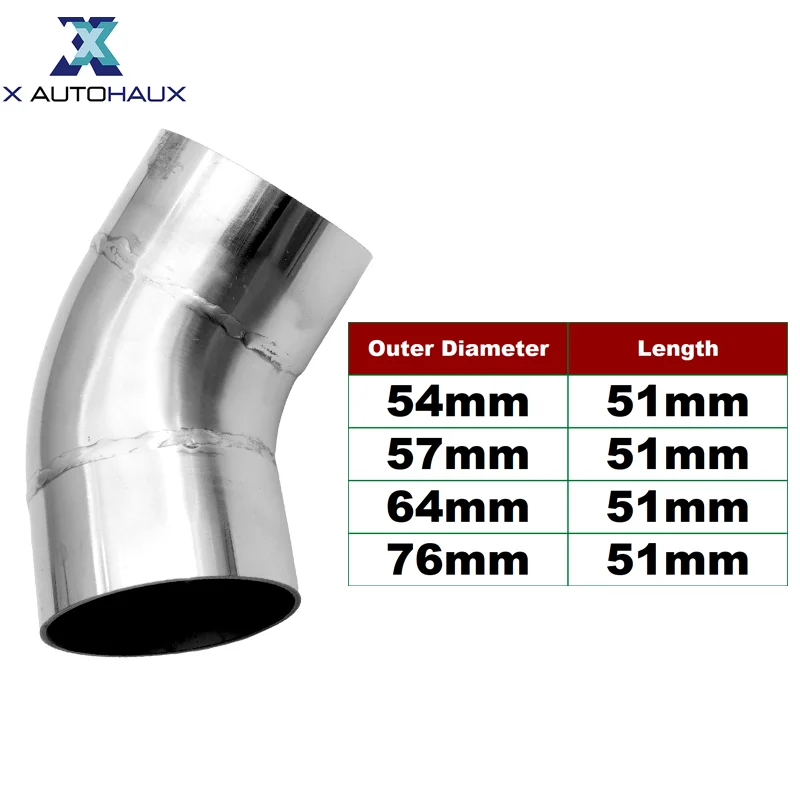 X Autohaux 54mm/57mm/64mm/76mm OD 45°Mandrel Bend Elbow Tube Exhaust Bend Pipe T304 Stainless Steel for Auto Car Exhaust System