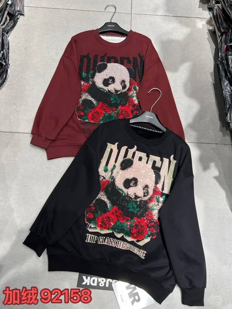 Industria pesante Punte diamantate in pile ispessito Sudaderas Donna Simpatico cartone animato Panda Girocollo Felpa ampia media e lunga