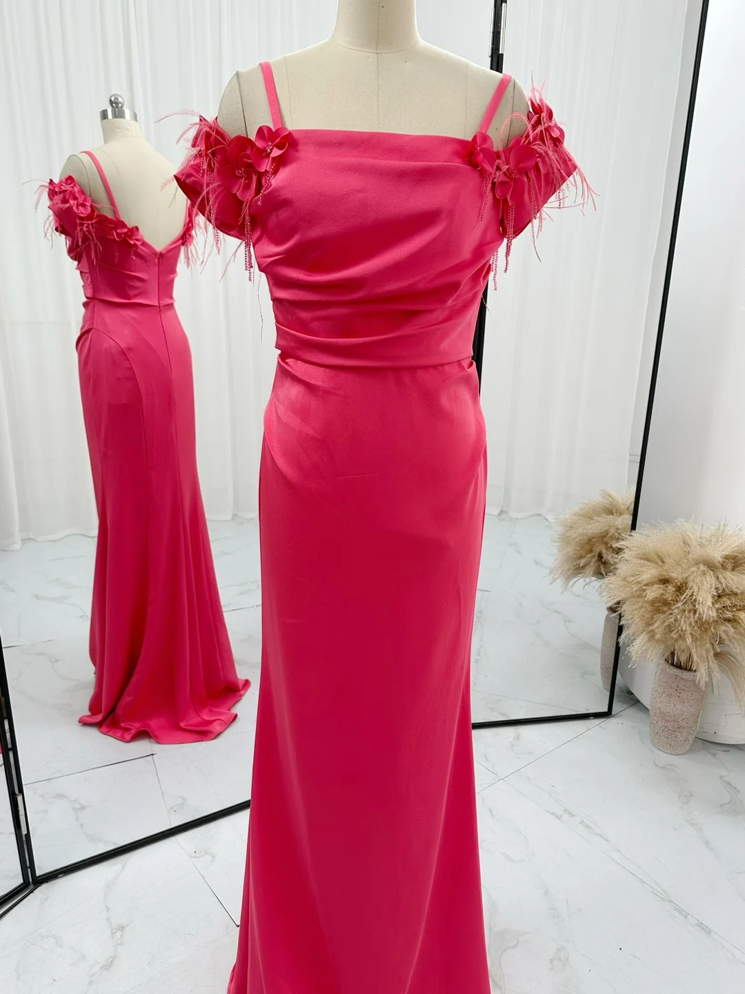 Rose Red Shoulder Tube Top Flower Satin Texture Evening Dress Skirt M1274